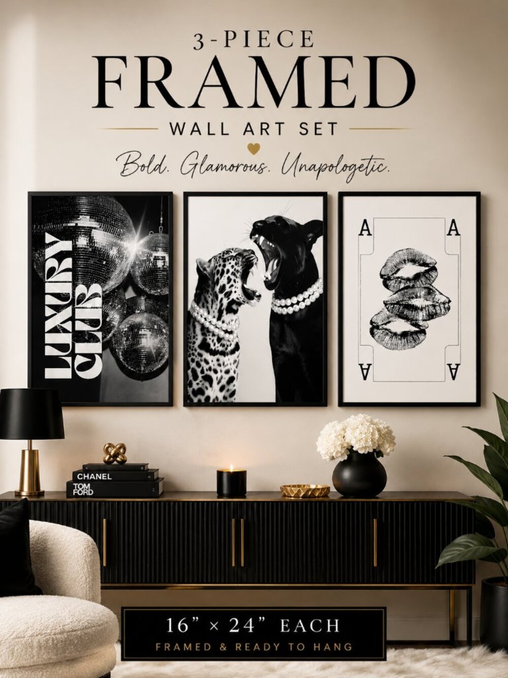 Set of 3 Framed Black & White Wall Art Prints 16x24 Glam Fashion Modern Decor